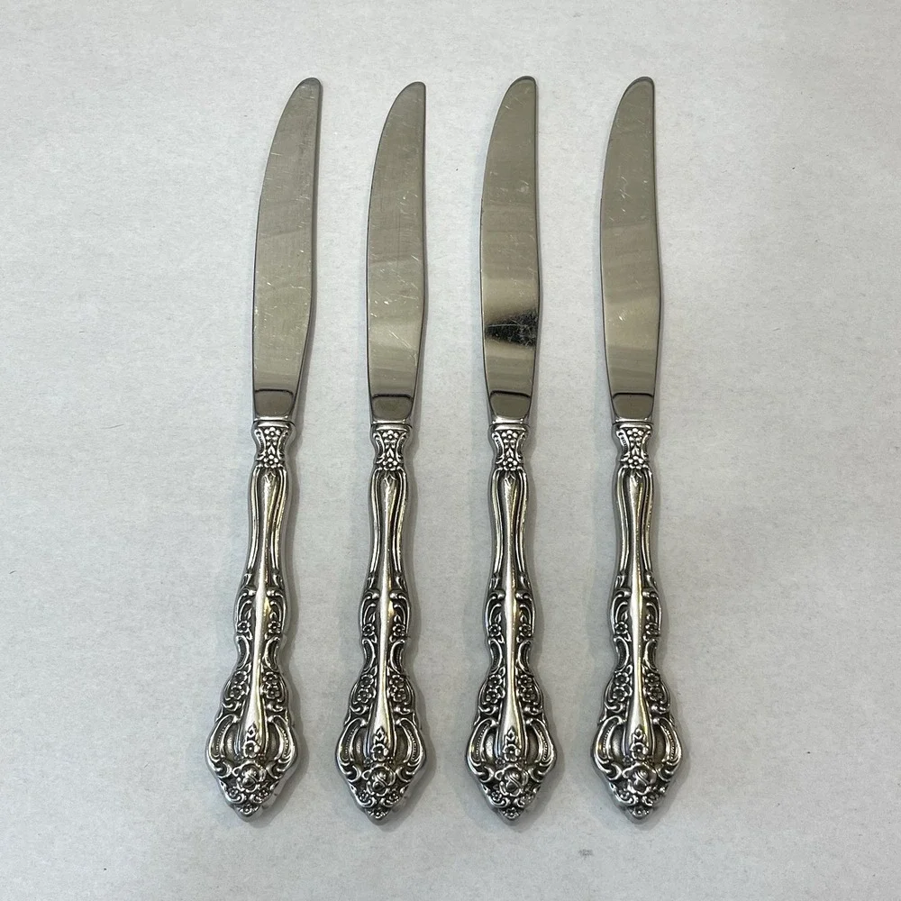 Set 4 Oneida Michelangelo Dinner Knives Cube Mark Stainless Ornate Flatware 9